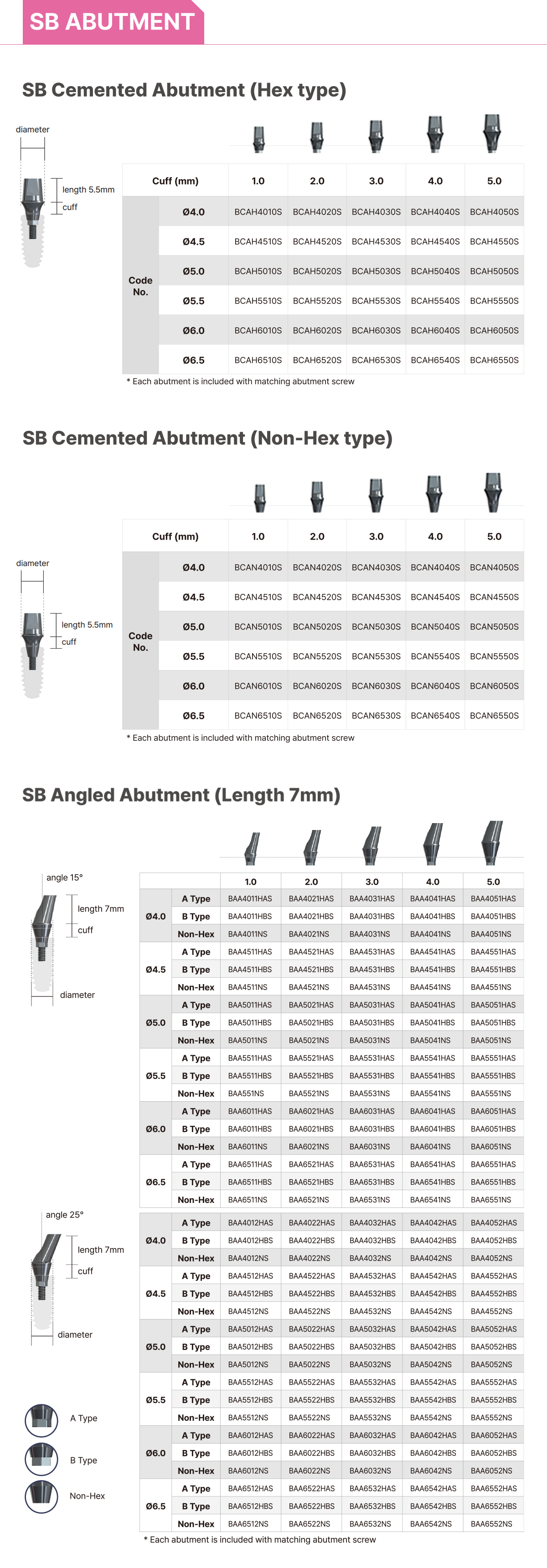 SB ABUTMENT. -SB Cemented Abutment (Hex type) -SB Cemented Abutment (Non-Hex type) -SB Angled Abutment (Length 7mm)