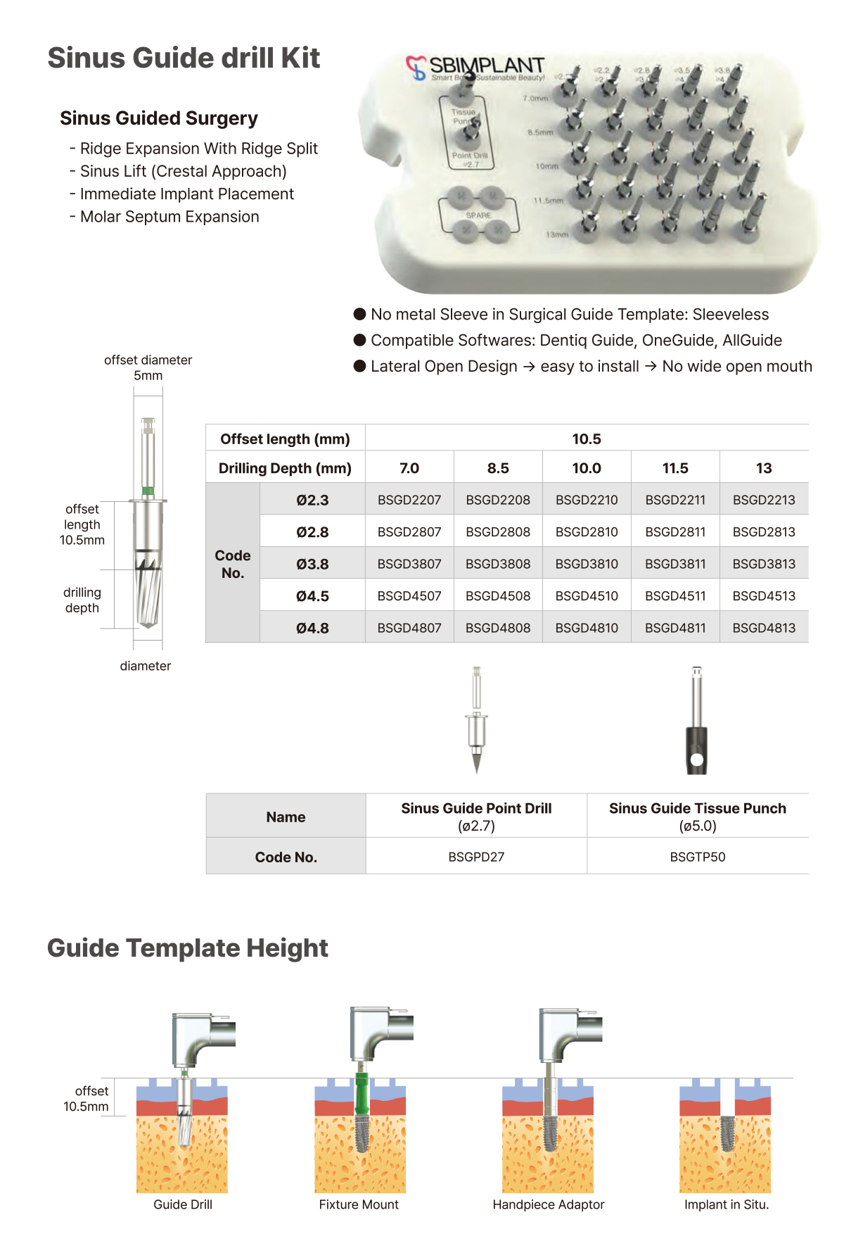 Sinus Guide Drill Kit: Sinus Guide Surgery - Ridge Expansion With Ridge Split - Sinus Lift (Crestal Approach) - Immediate Implant Placement - Molar Septum Expansion. ● No metal Sleeve in Surgical Guide Template: Sleeveless ● Compatible Softwares: Dentiq Guide, OneGuide, AllGuide ● Lateral Open Design → easy to install → No wide open mouth. Guide Template Height.